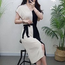 제이후 브이넥 배색 가오리 반팔 허리끈 앞트임 롱 여름 니트 원피스