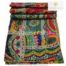 Yuvancrafts 패치워크 면 칸타 퀼트 - 인도 전통 핸드메이드 침구 빈티지 멀티 컬러 담요 트윈 152.4cm x 228.6cm 패치 1 609604