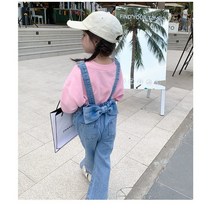아짱 키즈여아 키즈 데님 멜빵 배기 바지 롤업팬츠 오버롤 멜빵 뒷왕리본멜빵바지