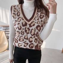 브이넥 레오파드 배색 니트 조끼 J211113
