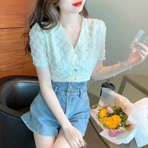 여름 프렌치 브이넥 퍼프소매 레이스 자카드 스몰 코트형 숏 셔츠에의녀