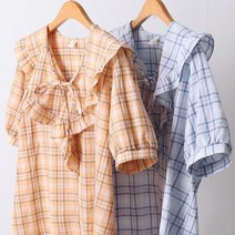 프리미엄 체크프릴리본 블라우스 여성 빅사이즈 쉬폰 블라우스 프릴 블라우스 반팔 블라우스 리본 블라우스 Bellos^^&&^^+++