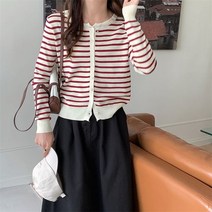 [하나비] 디서브러스이루 여성 봄 가을 5컬러 스트라이프 헨리넥 환절기 긴팔 가디건