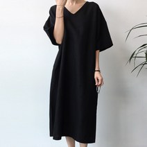 리즈와이 린넨 브이넥 루즈핏 롱원피스 반팔 옆트임 빅사이즈 (3color)