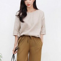 ERV784855블루모드 여자 라운드 반팔 티셔츠 린넨 여름 루즈핏 옷, 연베이지:L66까지