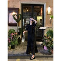 올드머니룩 와플 패치워크 머메이드 반팔원피스 루즈핏 롱스커트