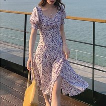 89W8DFRF 여성 여름 반팔 퍼프 셔링 플라워 쉬폰 미디 원피스