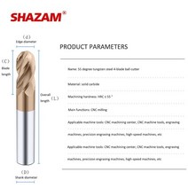 SHAZAM-HRC55 텅스텐 강철 코팅 4 블레이드 볼 나이프 CNC 노즈 엔드밀 탑 밀링 커터 기계, 02 R0.75x3x4Dx50L_01 1PCS