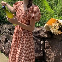 그레프 체크 스모크 밴딩 벌룬 퍼프 소매 A라인 반팔 롱 원피스