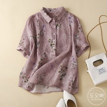 도오빠 여성 반팔 블라우스 플리츠 쉬폰 카라넥 꽃무늬 플라워 프린팅 얇은 셔츠 봄 여름 여자블라우스
