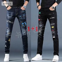 1+1프린트 데님 팬츠 남성 슬림 캐주얼 팬츠 뉴타임즈 L436H635
