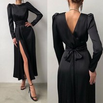 S-5XL 숙 녀 새틴 실크 퍼프 긴 소매 O 넥 허리 분할 밑단 롱 드레스 캐주얼 우아한 원피스 롱원피스 드레스