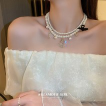 버터플라이 큐빅 키 잠금 진주 멀티 목걸이 여성