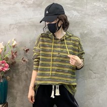 여성 가을 투톤 스트라이프 라운드 슬림 후드 티