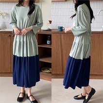 [쉬즈미] (OPS-841)밑단 배색 캉캉 플레어 긴팔 롱원피스 (8984841)
