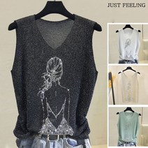 JUST FEEL!NG 여자 이너 상의 민소매 반짝 이너나시 슬림핏 니트 브이넥 민소매나시