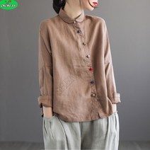 SHENGBO여성 빈티지 하이칼라 린넨 블라우스 루즈핏 면마셔츠+HY107WH