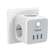 TESSAN 전원 스트립 큐브 소켓 3 AC 콘센트 3 USB 포트 스위치 휴대용 EU 멀티 플러그 벽 소켓 익스텐더 어댑터 가정용 과부하 보호, Gray