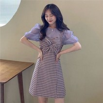 하객룩투피스 하이틴룩 봄 셋업 여름 여성 보라색 투피스 드레스 세트 여자 학생패션 슬림 티셔츠 오버올 탱크 체크 무늬 정장
