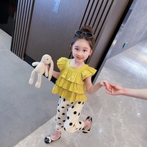 더쭈야 여아 상하복 아동 아기 여름상하복 프릴 옐로우 도트팬츠 등원