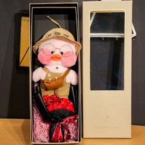 깜짝 백변꽃 선물세트 오리피규어 귀엽고 재미있는 오리피규어 칠석 친구 선물, 남동생 모자 밝은 갈색 벨트 바지 갈색 가방, 선물 독점 선물 상자 장미