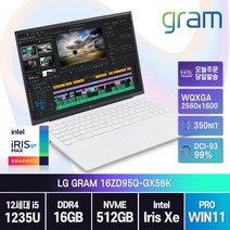 [한컴오피스 / 무선마우스증정 ] LG전자 그램16 16ZD95Q-GX56K 16인치 노트북, 16ZD95Q, WIN11 Pro, 16GB, 512GB, 코어i5, 화이트