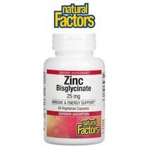 네추럴팩터스 징크 Zinc 비스글리시네이트 25mg 베지 60캡슐 Bisglycinate