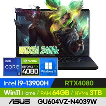 [백팩 증정!] ASUS ROG 제피러스 M16 GU604VZ-N4039W 롤 배그 오버워치 발로란트 영상편집 고사양 16인치 게이밍 노트북 (코어i9-13900H/RTX4080), 윈도우11 홈, 64GB, 3TB, 코어i9, 블랙