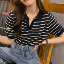 패션디바 5452-2 봄 여름 여성 제너 스트라이프 카라 반팔 니트