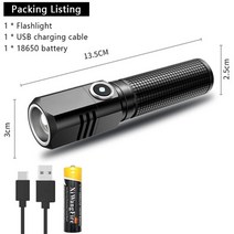 미니 캠핑 랜턴 led후레쉬 손전등 해루질 xiwangfire 강력한 p50 usb c 충전식 알루미늄 합금 토치 16340 18650 배터리를 사용하는 3 조명 모드, 긴 스타일 18650, 줌