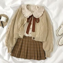 하객룩투피스 하이틴룩 봄 셋업 스타일 여성세트니트 코트 나비 매듭 셔츠 체크 무늬 미니 스커트 의상 가을 겨울