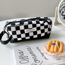 걸스코코 체크스터디필통 대용량 파우치 필통 체커보드 스트랩 펜케이스 4color, 블랙