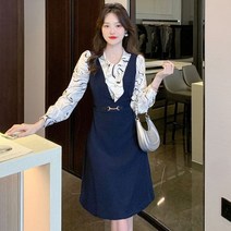 [하나비] 에서드리나 2040 여성 봄 가을 원컬러 페이즐리 라운드넥 리본 깔끔한 이미지 원피스