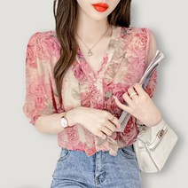 여성 여름 핑크 장미 큐빅 단추 포인트 쉬폰 블라우스