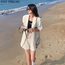 JUST FEEL!NG 여름 빅사이즈 여성 반팔 주머니 정장 자켓 와이즈 루즈핏 세미
