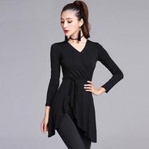 블랙 여성 라틴댄스복 상의 라인댄스 연습복 긴소매 반소매