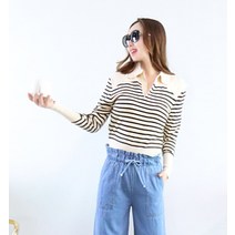 프린세스걸 프렌치 아이보리 스트라이프 루즈핏V트임카라넥숏니트