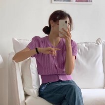 레티고 여성 꽈배기 퍼프 니트 버튼 가디건