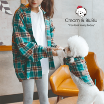 강아지견주커플룩 강아지커플룩 강아지시밀러룩 고양이 체크 옷 귀여운 애견 커플룩, 녹색