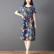 DAPANDA 여름 면마 프린트 허리 여리여리 원피스 빅 사이즈 루즈핏 중기장 반팔 꽃무늬 스커트녀