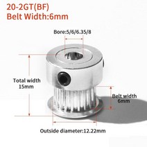 도르래 베어링 3D 프린터 부품 액세서리 GT2 20 치아 보어 4/5/6/635/8mm 2GT 타이밍 알루미늄 풀리 GT26/10mm 오픈 동기 벨트에 적합, 6.35mm, 10mm, 2pcs