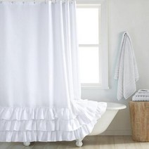 Pom 현대 폴리 에스터 방수 패브릭 화이트 장식 농가 Boho 술 샤워 커튼, 없음, Ruffled-white+W 220cm x L 183c