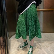 봄원피스 세련된 레트로 스타일 캐주얼 플리티드 스커트 하이 웨이스트 롱 여성용 라이트 그린 레오파드