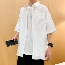 남성셔츠 여름 단색 반팔 셔츠 남성용 트렌드 올매치 루즈 스타일 5부 소매 탑 의류 캐주얼셔츠