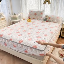 융단 면 침대 싱글 레이스 겨울 두꺼운 커버 매트리스, 복숭아 기운이 가득하다, 레이스 베갯잇 두 개.