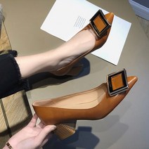 스퀘어 힐 펌프스 가죽 메드 힐 v 입 캐주얼 오피스 레이디 ol 5 cm 힐