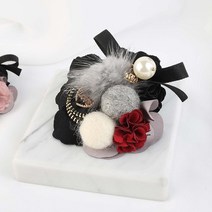 고급 밍크 털실볼 꽃 코사지 브로치 옷핀 진주 리본브로치