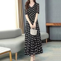 땡땡이 도트 쉬폰 원피스 캐주얼 브이넥 반팔 에이라인 스커트 여름 여성