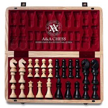 A&A 38.1cm(15인치) 나무 접이식 체스 & 체커 세트 7.6cm(3인치) 킹 높이 스톤튼 체스 피스 / 엑스트라 퀸 2개 - 월넛 및 메이플 인레이 포함 유럽 애쉬 박스, Natural European Ash, Natural European Ash