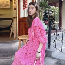 안나리야 플라워 꽃무늬 프릴 퍼프 반팔 루즈핏 롱 원피스 SY